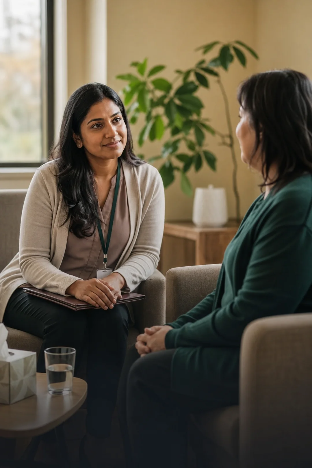 An addiction and mental health support worker sitting at eye level with a client in a community support room, listening while the client speaks