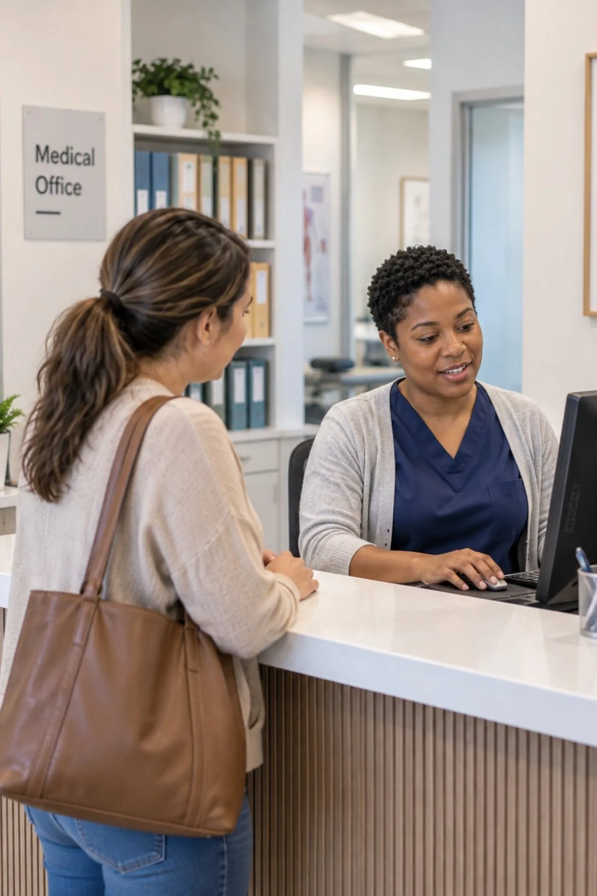 Medical office administrator checking in a patient at a clinic reception counter