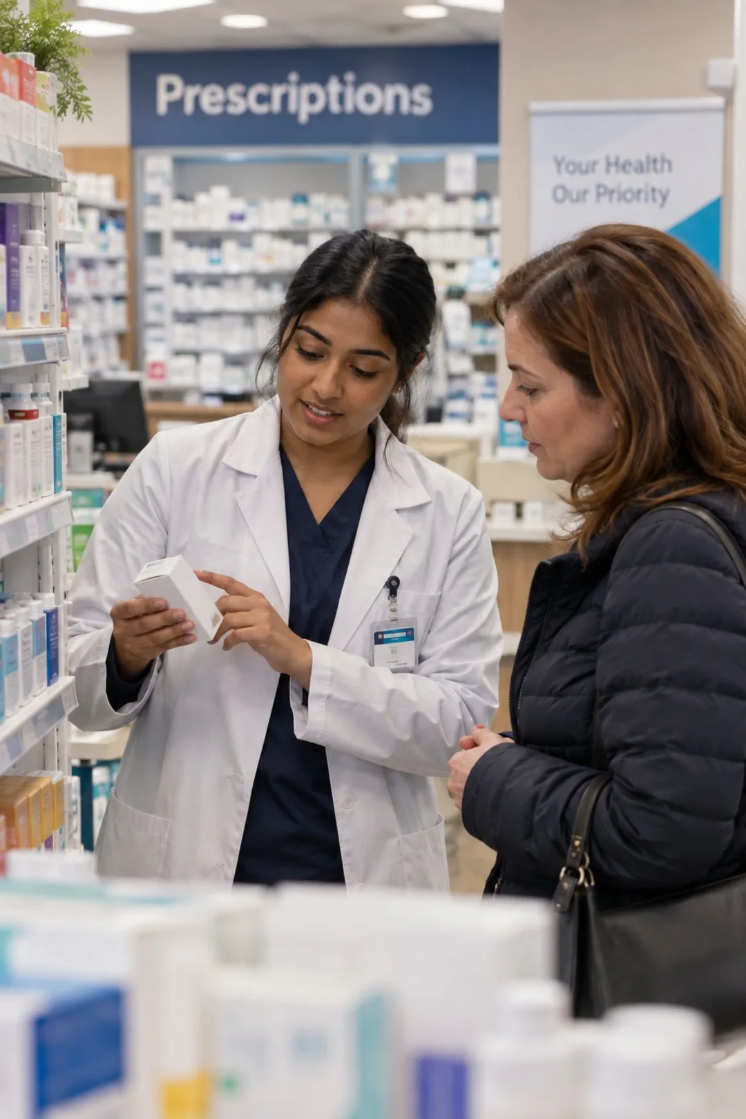Pharmacy assistant helping a customer with a product in a community pharmacy