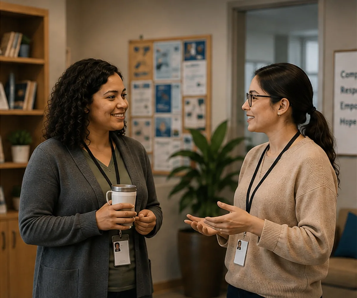 Two support workers talking in a community resource room