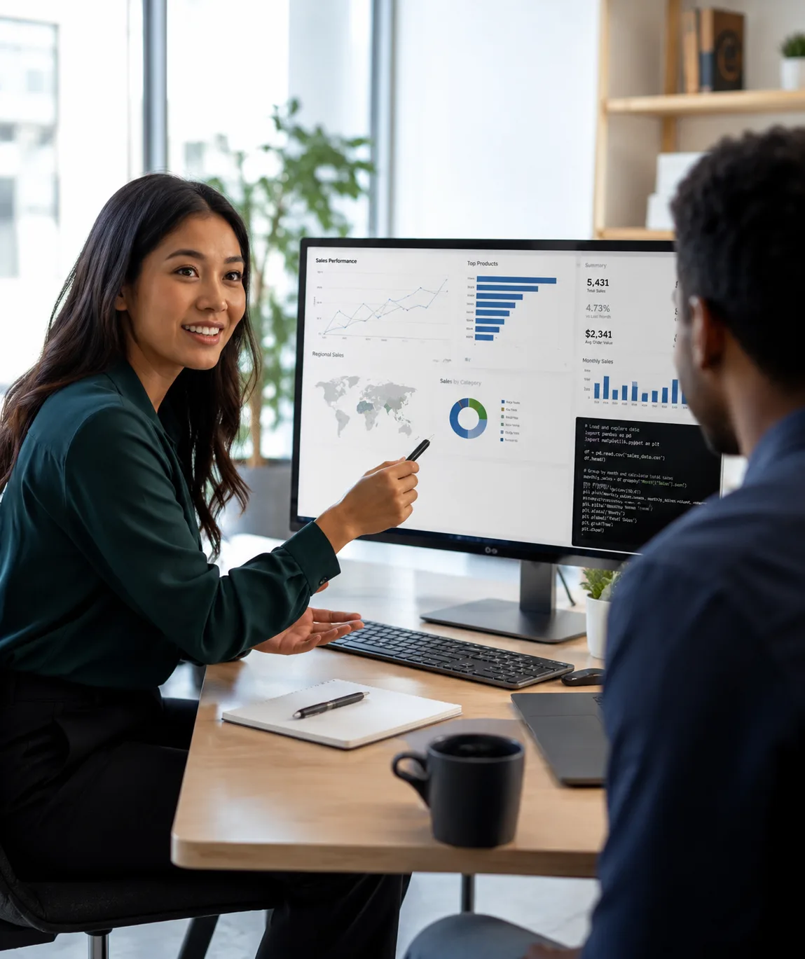 Data analyst walking a colleague through a sales dashboard at her desk