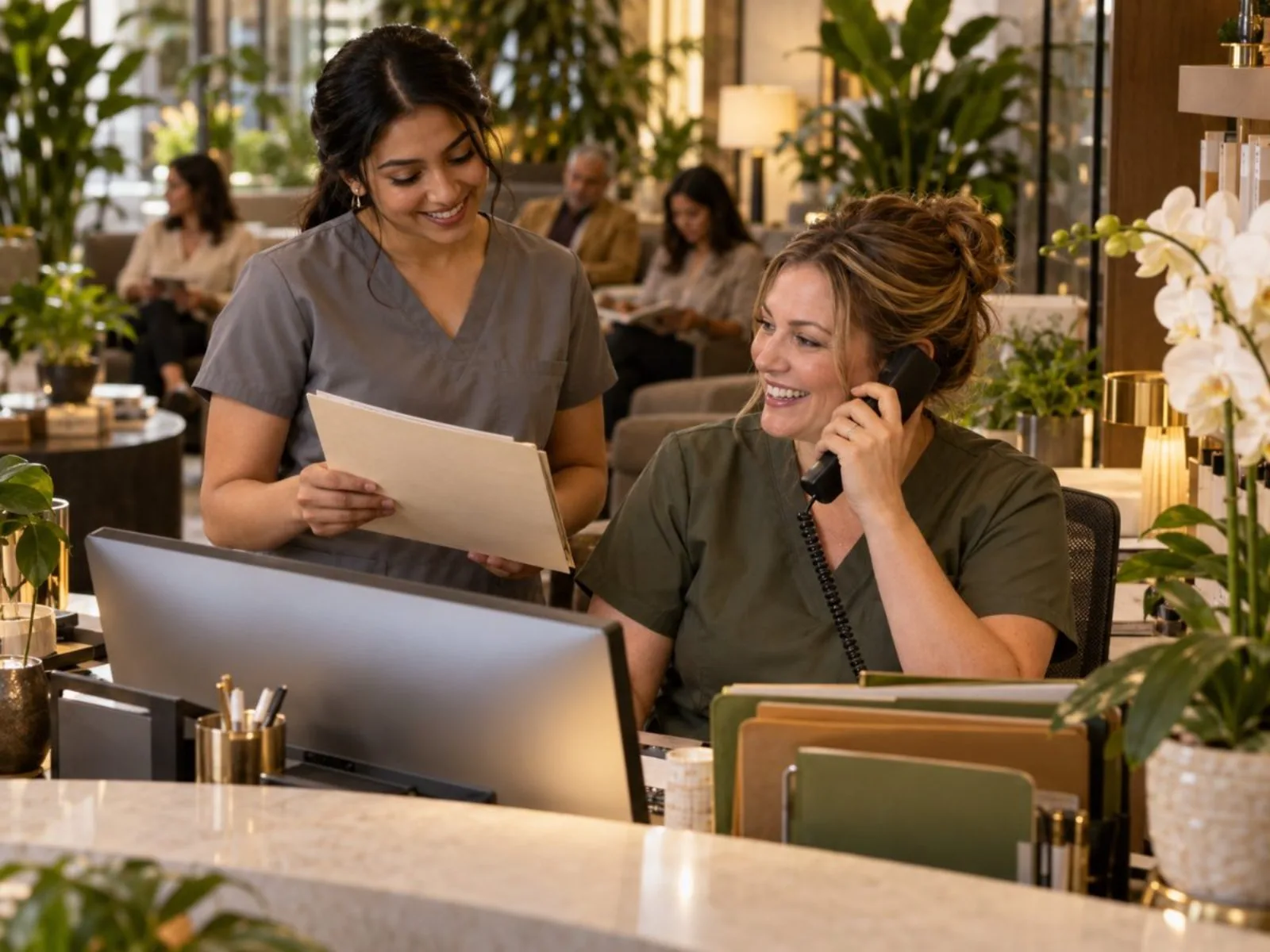 Two medical office administrators at a clinic front desk, one on the phone and one reviewing a patient chart