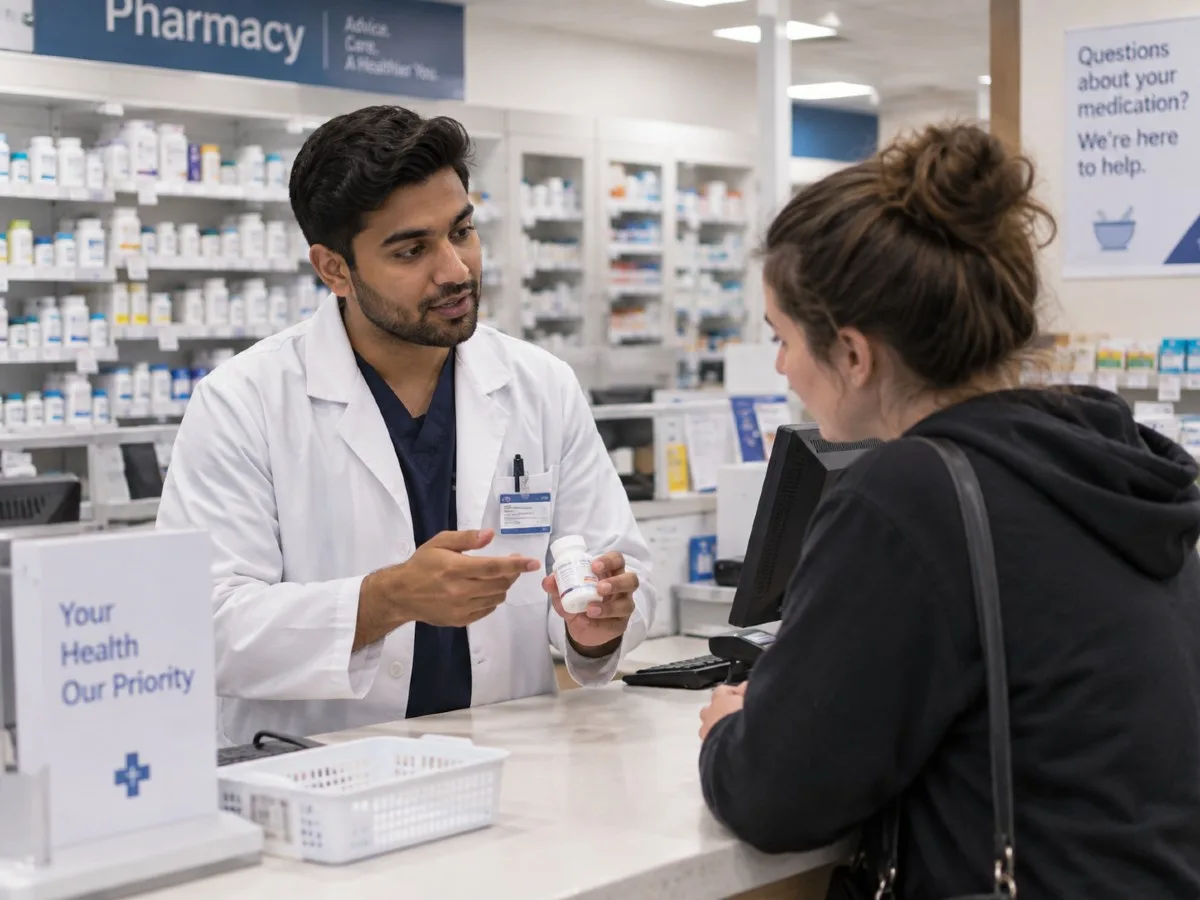 Pharmacy assistant speaking with a customer at a community pharmacy counter